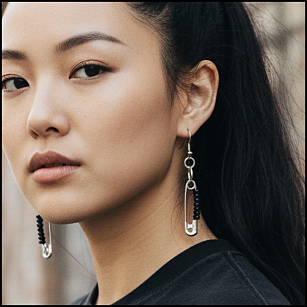 5 For $25💫Punk On!! Small Silver Safety Pin Punk Earrings with black seed beads - Picture 4 of 4